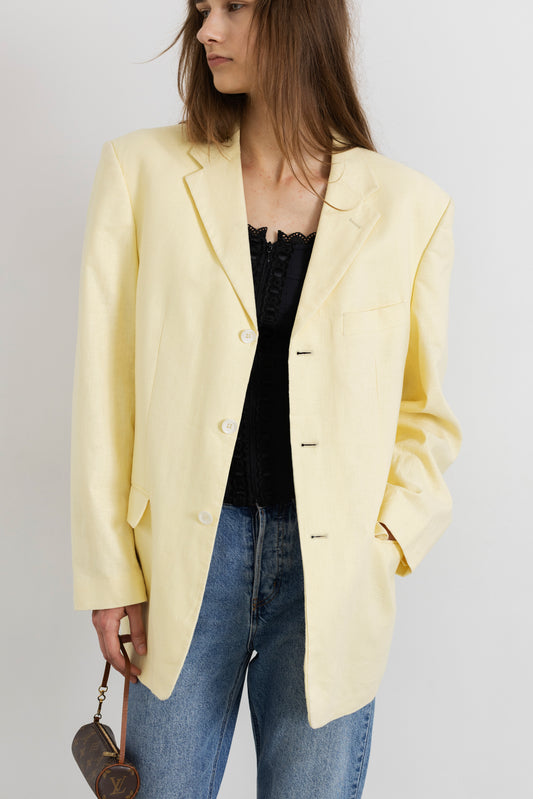 Vintage Lemon Yellow Linen Cotton Blazer