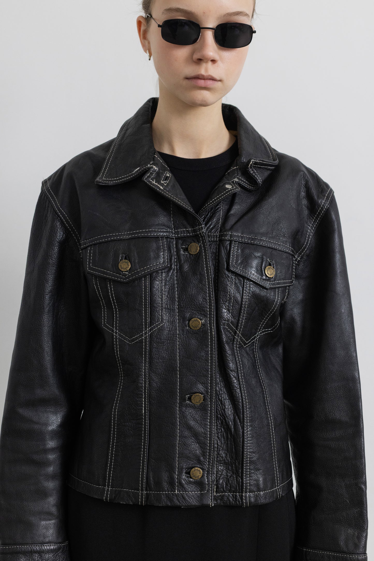 Vintage Contrasting Stitching Black Leather Jacket