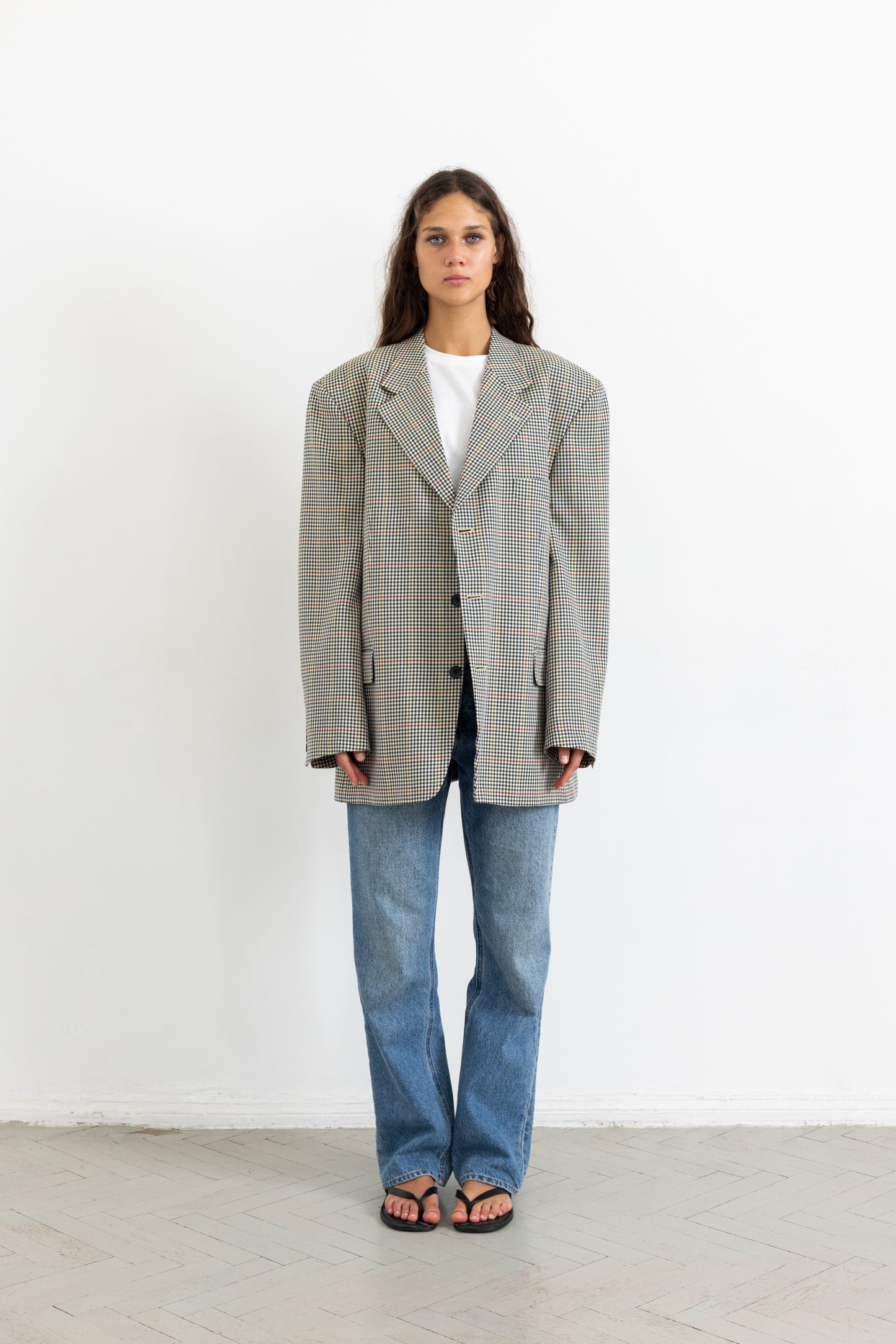 Vintage Beige Houndstooth Wool Blazer