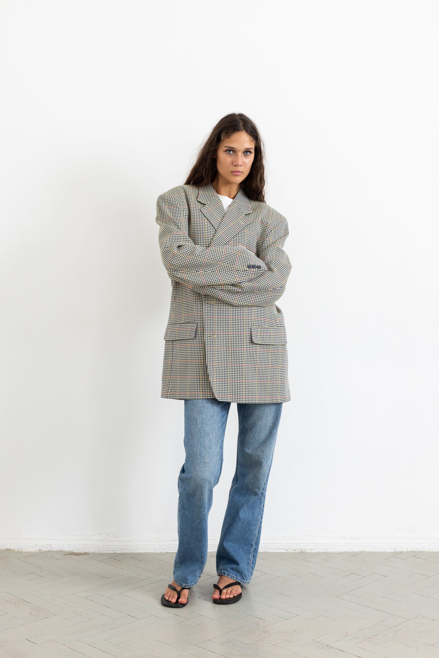 Vintage Beige Houndstooth Wool Blazer
