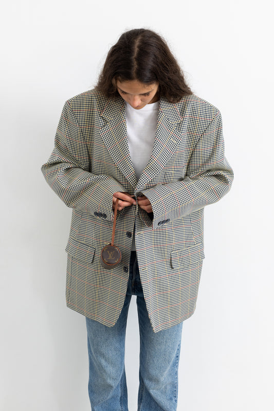 Vintage Beige Houndstooth Wool Blazer