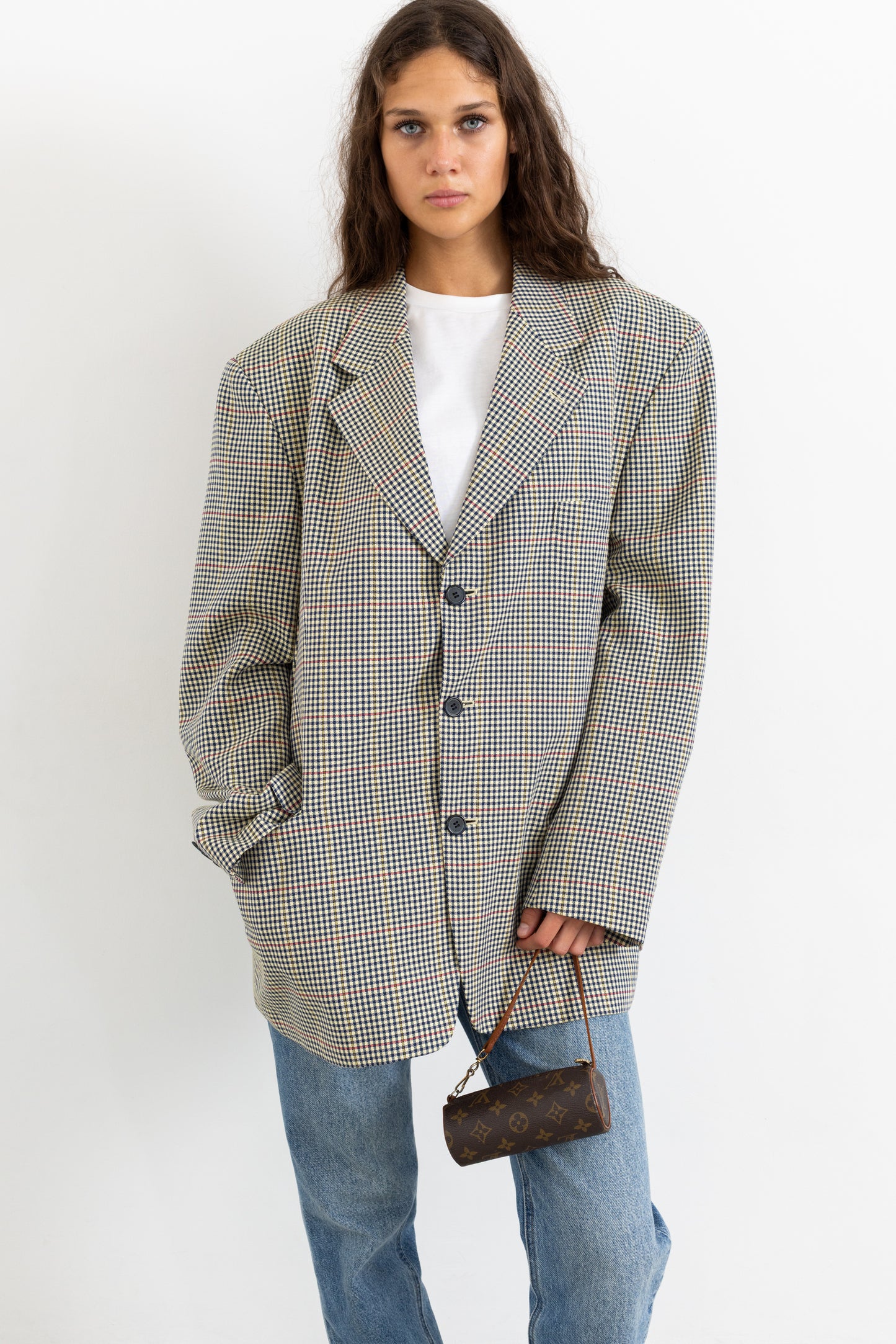 Vintage Beige Houndstooth Wool Blazer