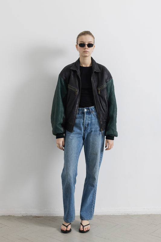 Vintage Grainy Leather Bomber Jacket