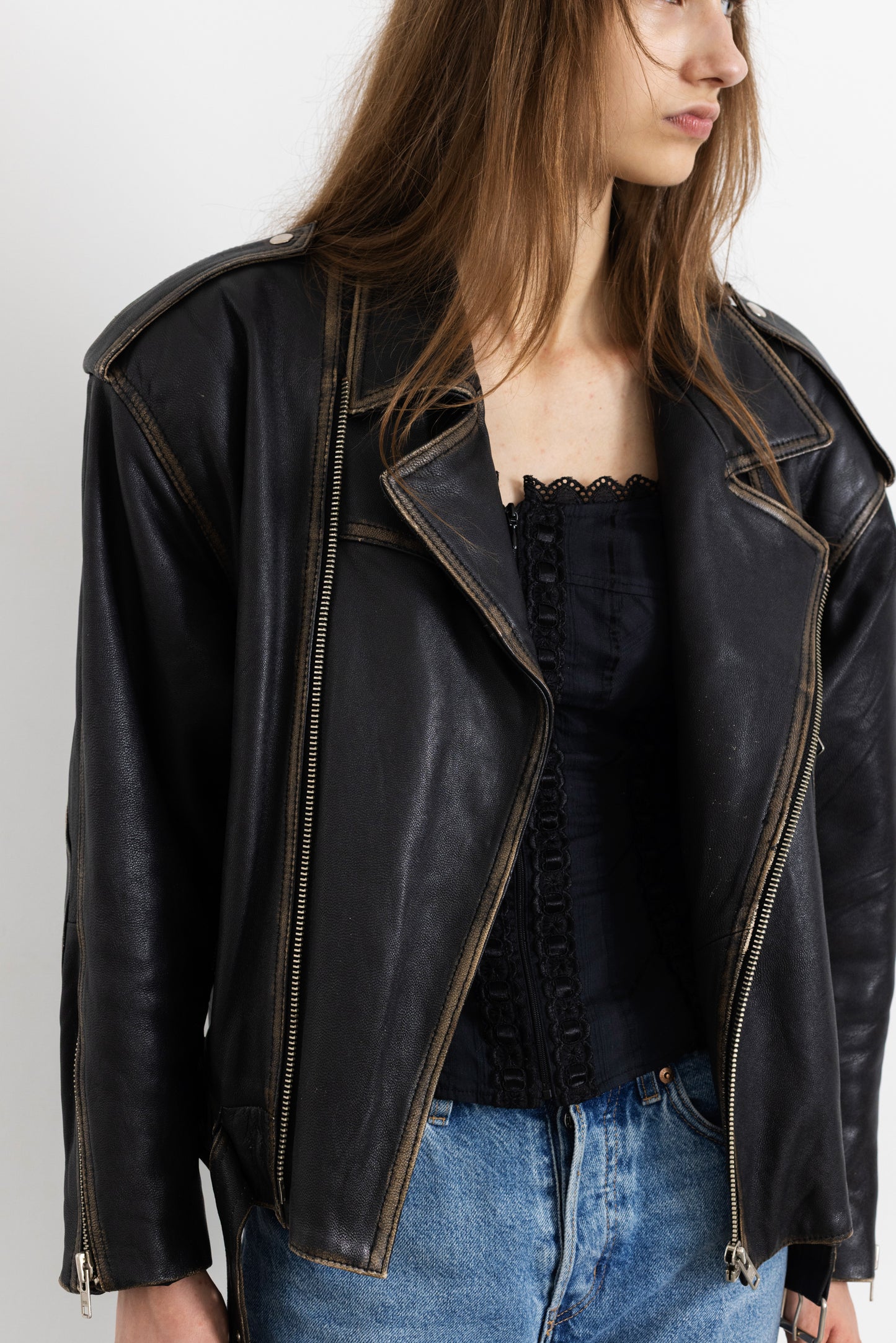 Vintage Faded Seam Leather Biker Jacket