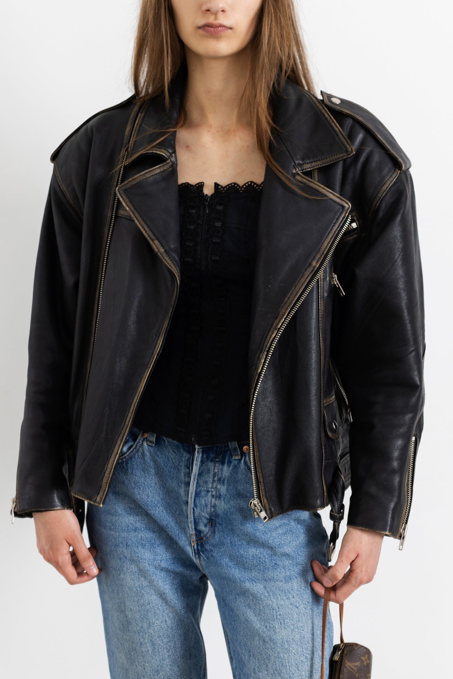 Vintage Faded Seam Leather Biker Jacket