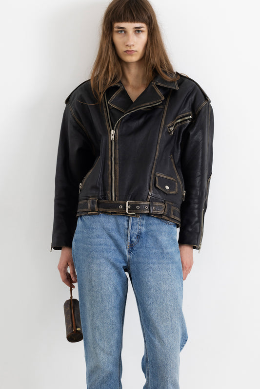 Vintage Faded Seam Leather Biker Jacket