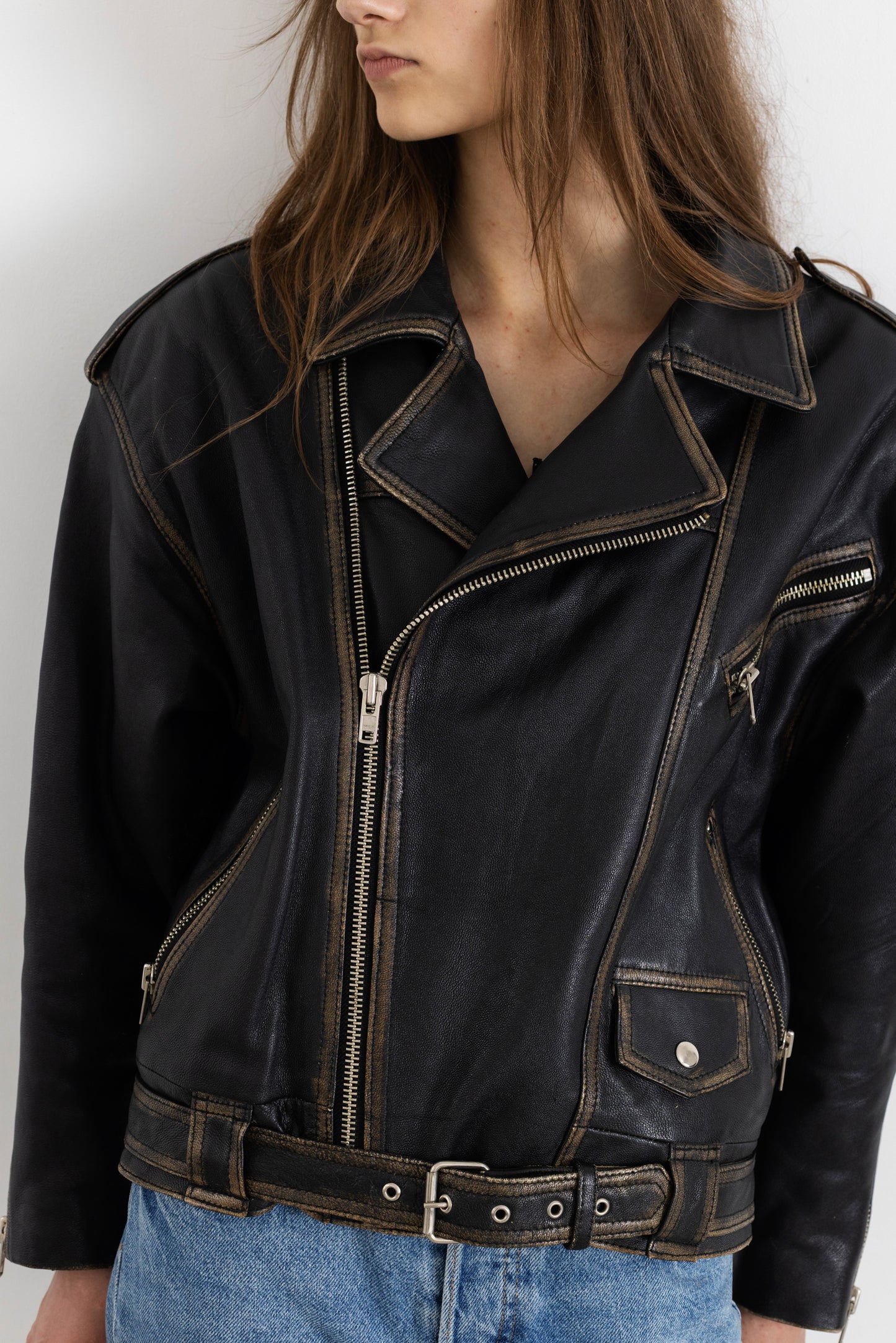 Vintage Faded Seam Leather Biker Jacket