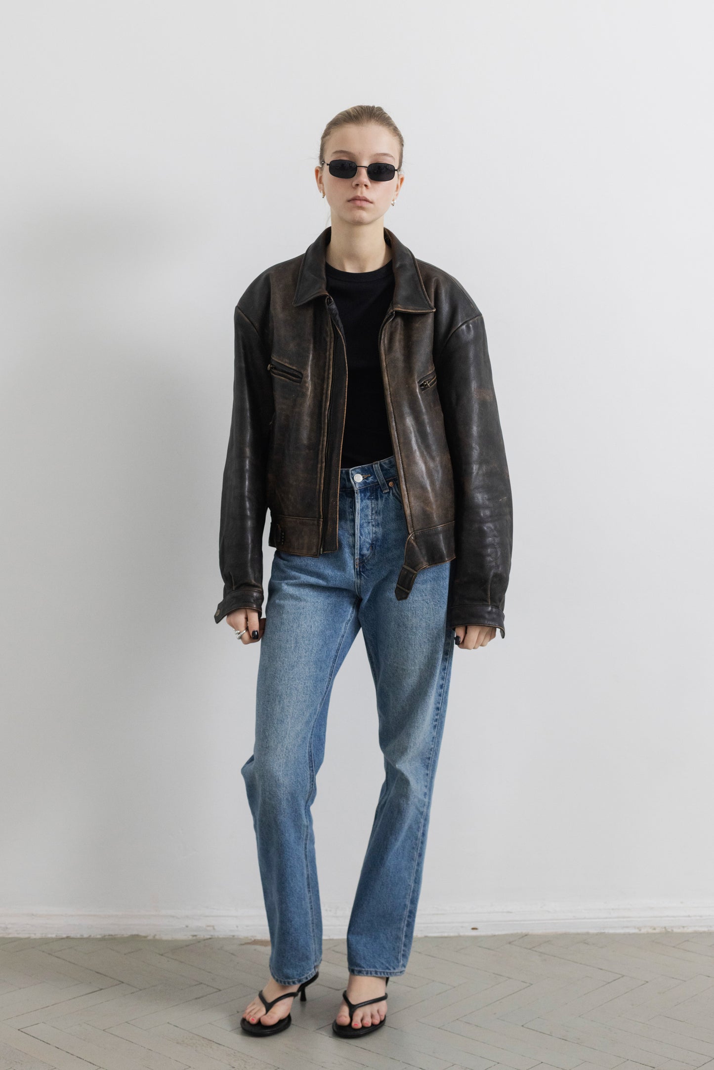 Vintage Brown Boxy Distressed Leather Jacket