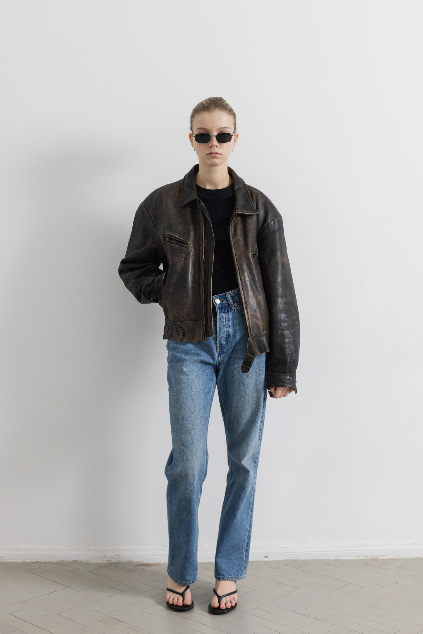 Vintage Brown Boxy Distressed Leather Jacket