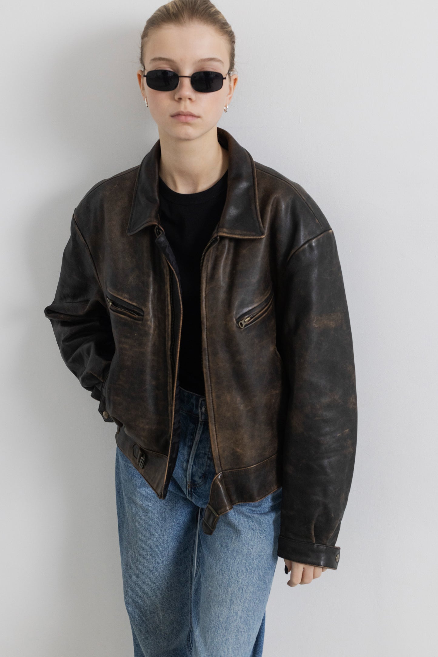 Vintage Brown Boxy Distressed Leather Jacket