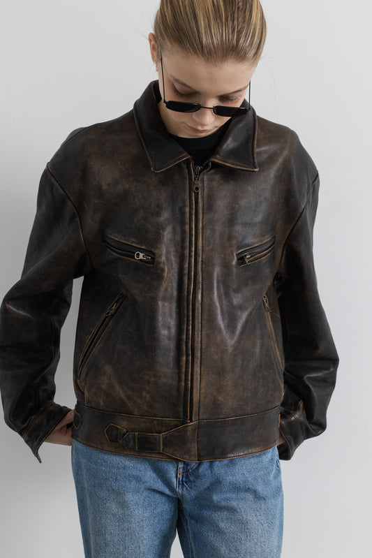 Vintage Brown Boxy Distressed Leather Jacket