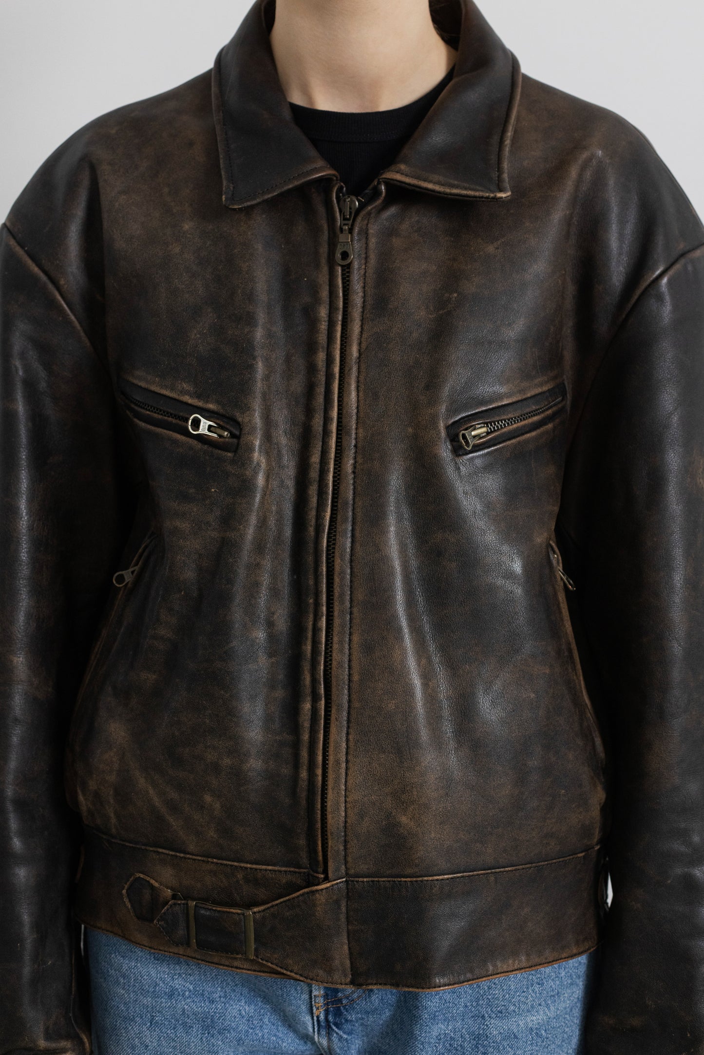 Vintage Brown Boxy Distressed Leather Jacket