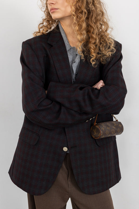 Vintage Burgundy Grey Plaid Wool Blazer