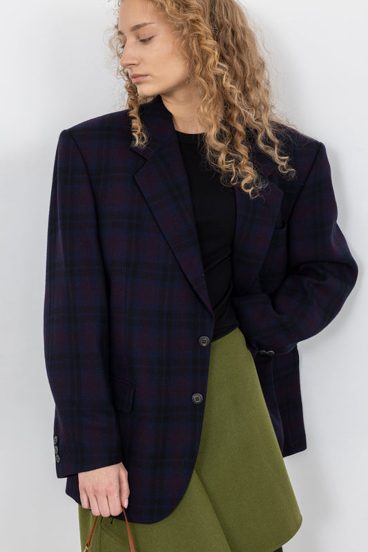 Vintage Purple Navy Plaid 100% Wool Blazer