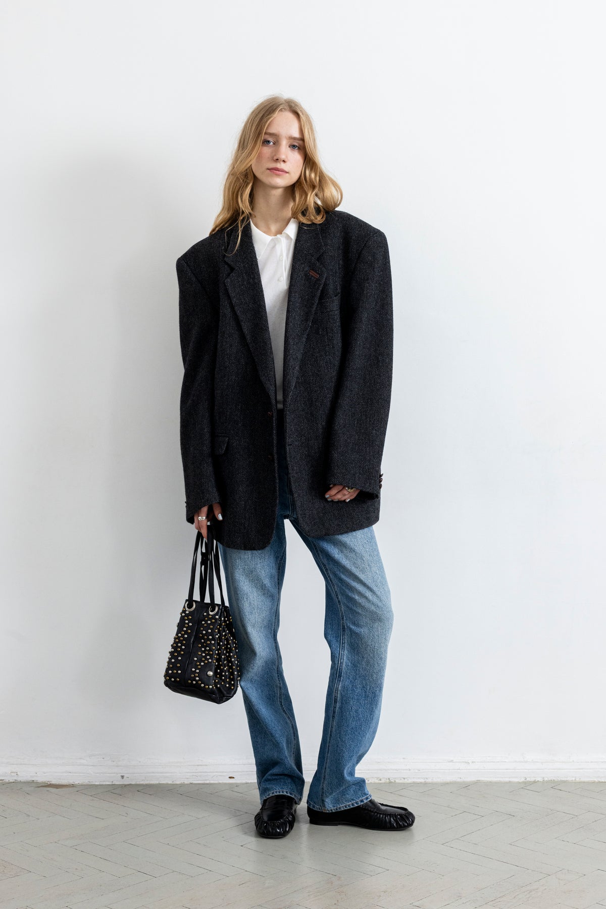 Vintage Dark Grey Chevron Wool Blazer