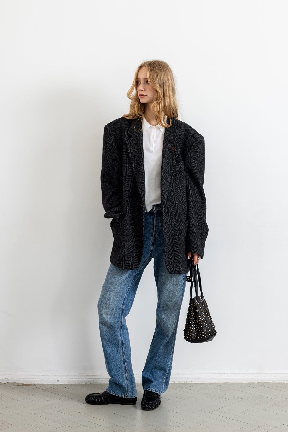 Vintage Dark Grey Chevron Wool Blazer