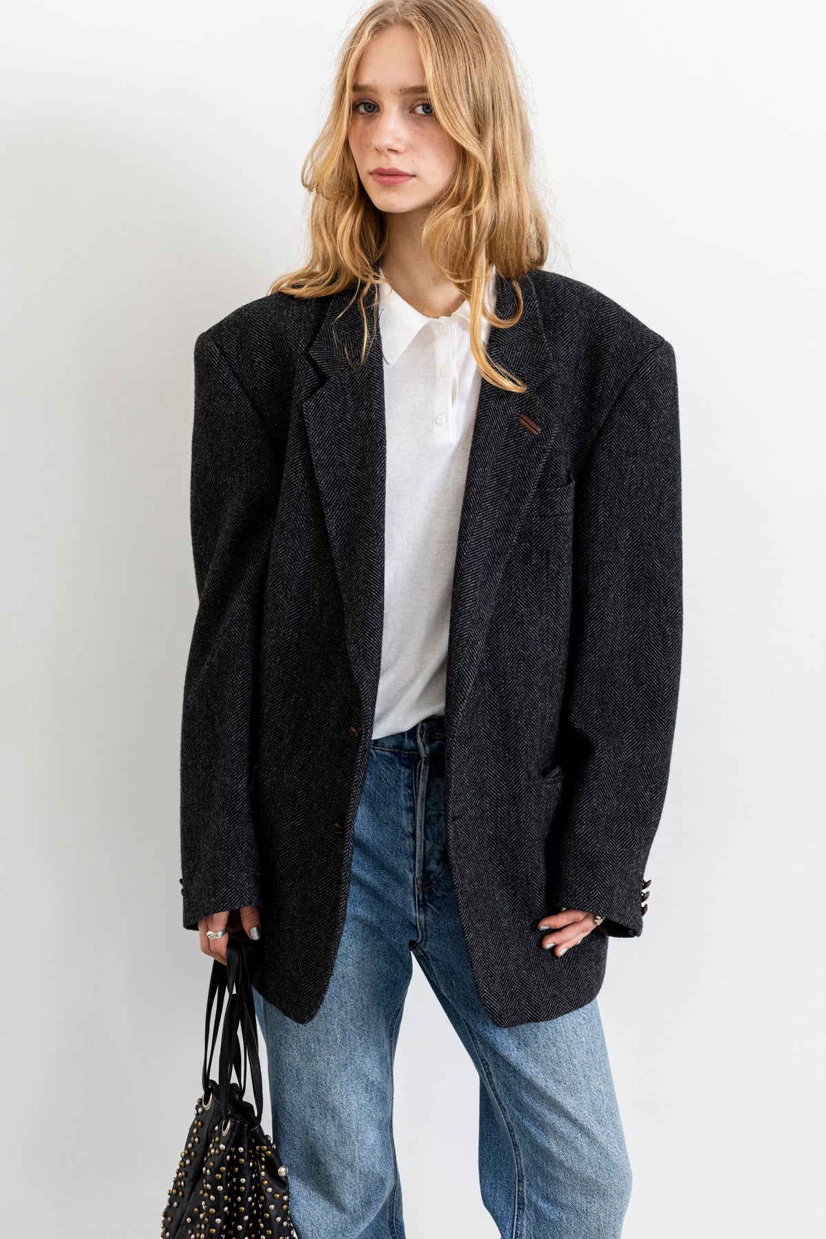Vintage Dark Grey Chevron Wool Blazer