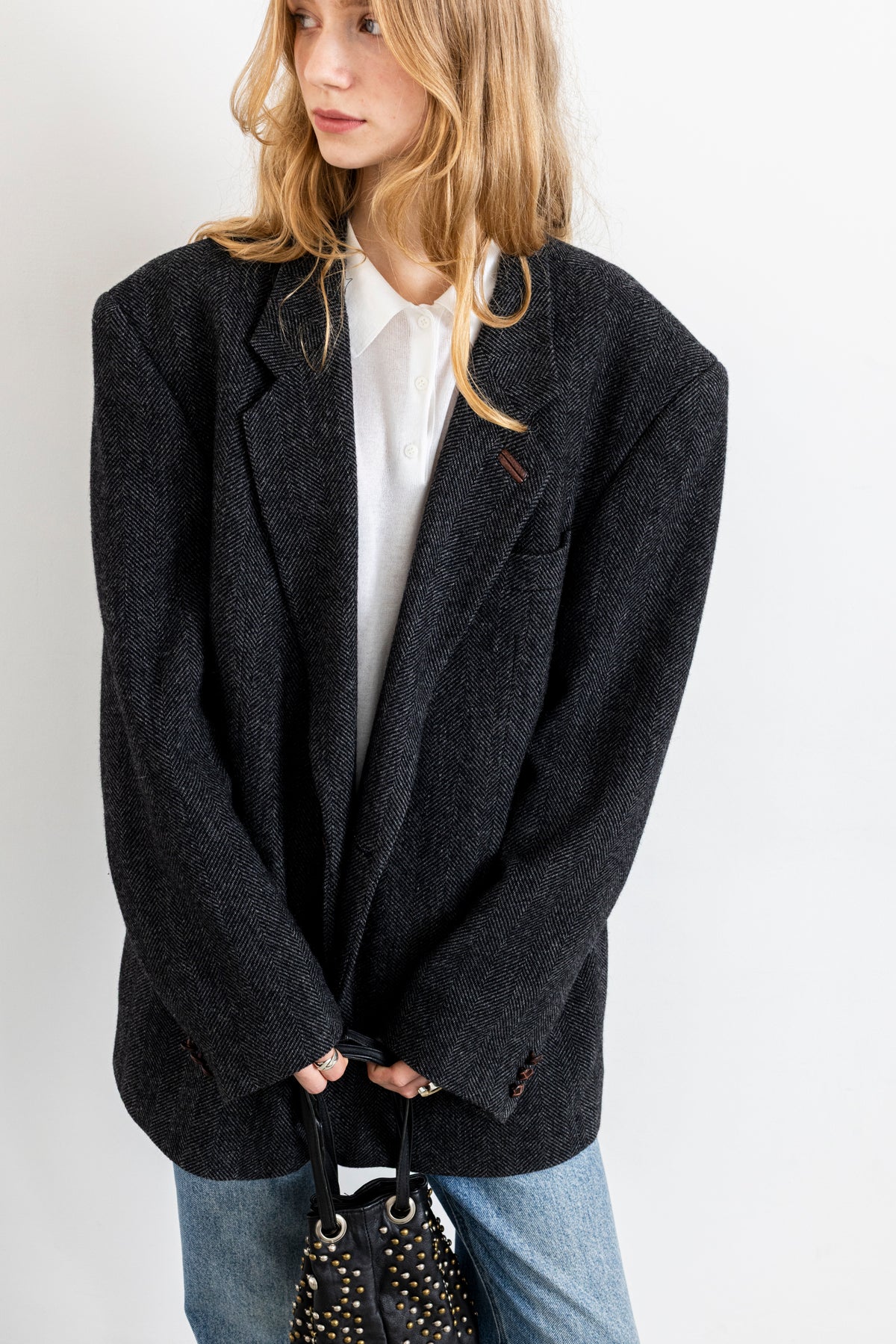 Vintage Dark Grey Chevron Wool Blazer