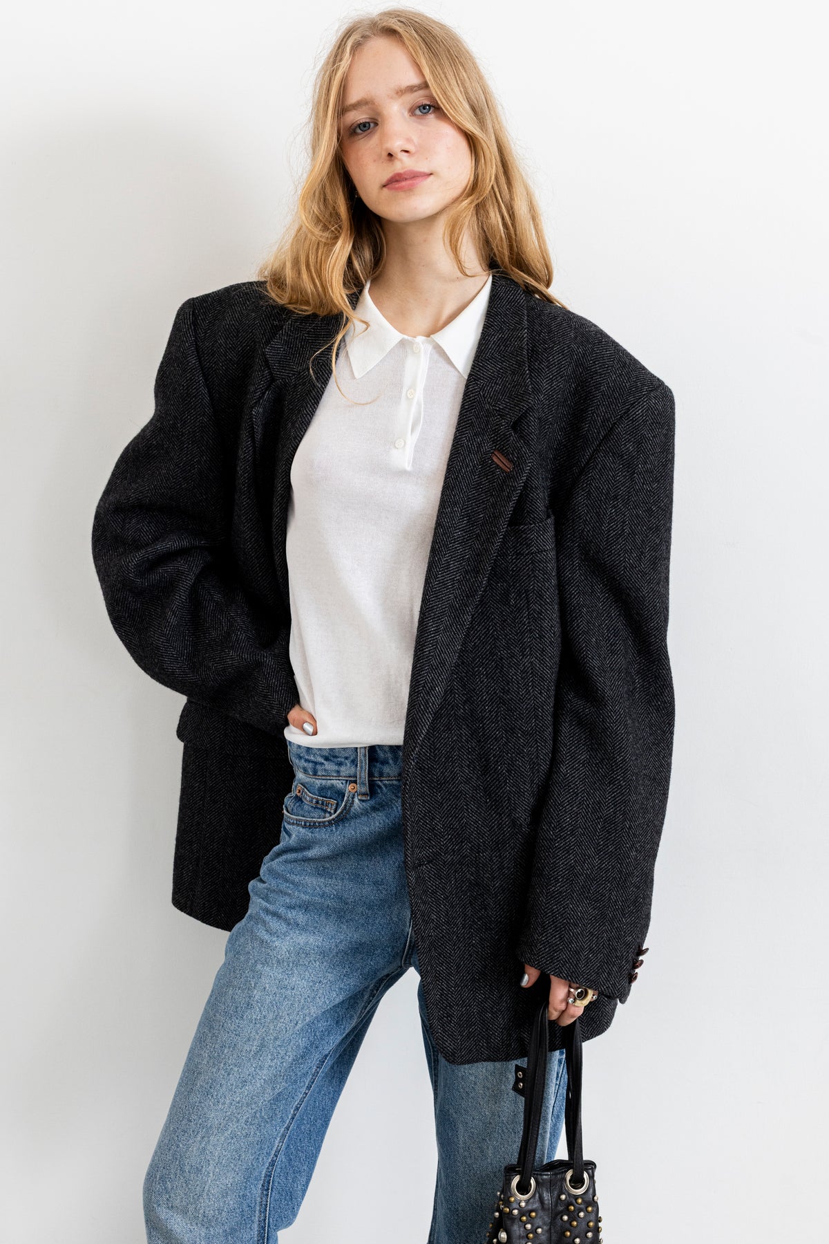 Vintage Dark Grey Chevron Wool Blazer