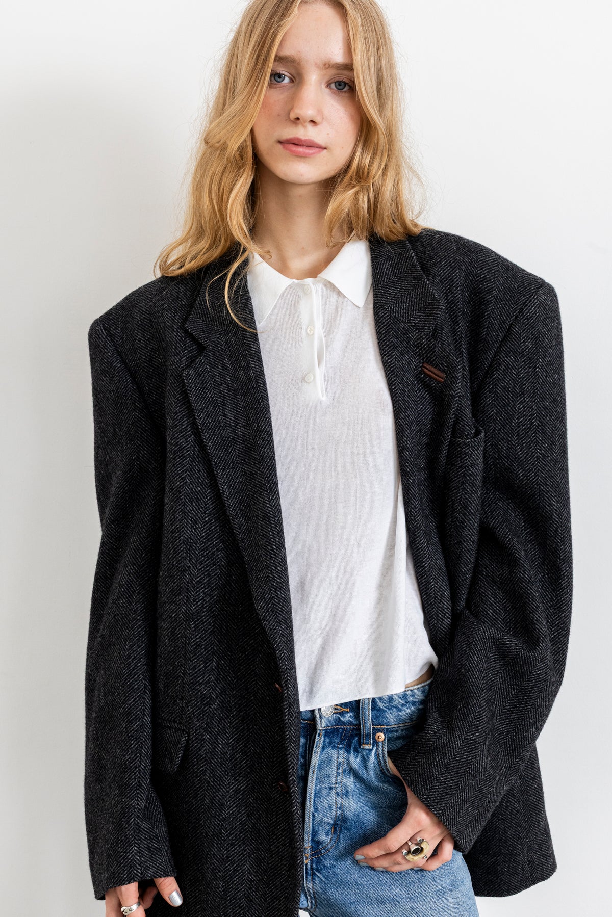Vintage Dark Grey Chevron Wool Blazer