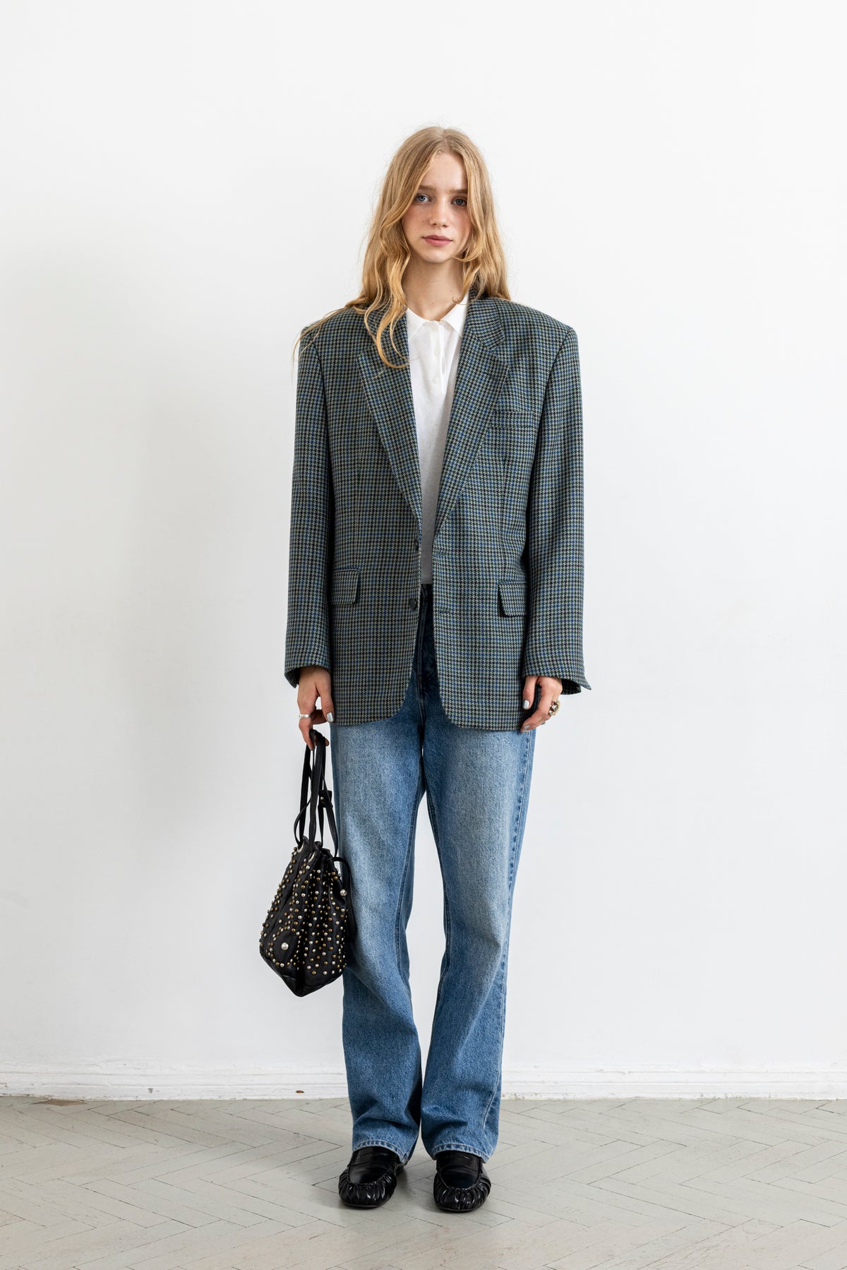 Vintage Blue Green Houndstooth 100% Wool Blazer