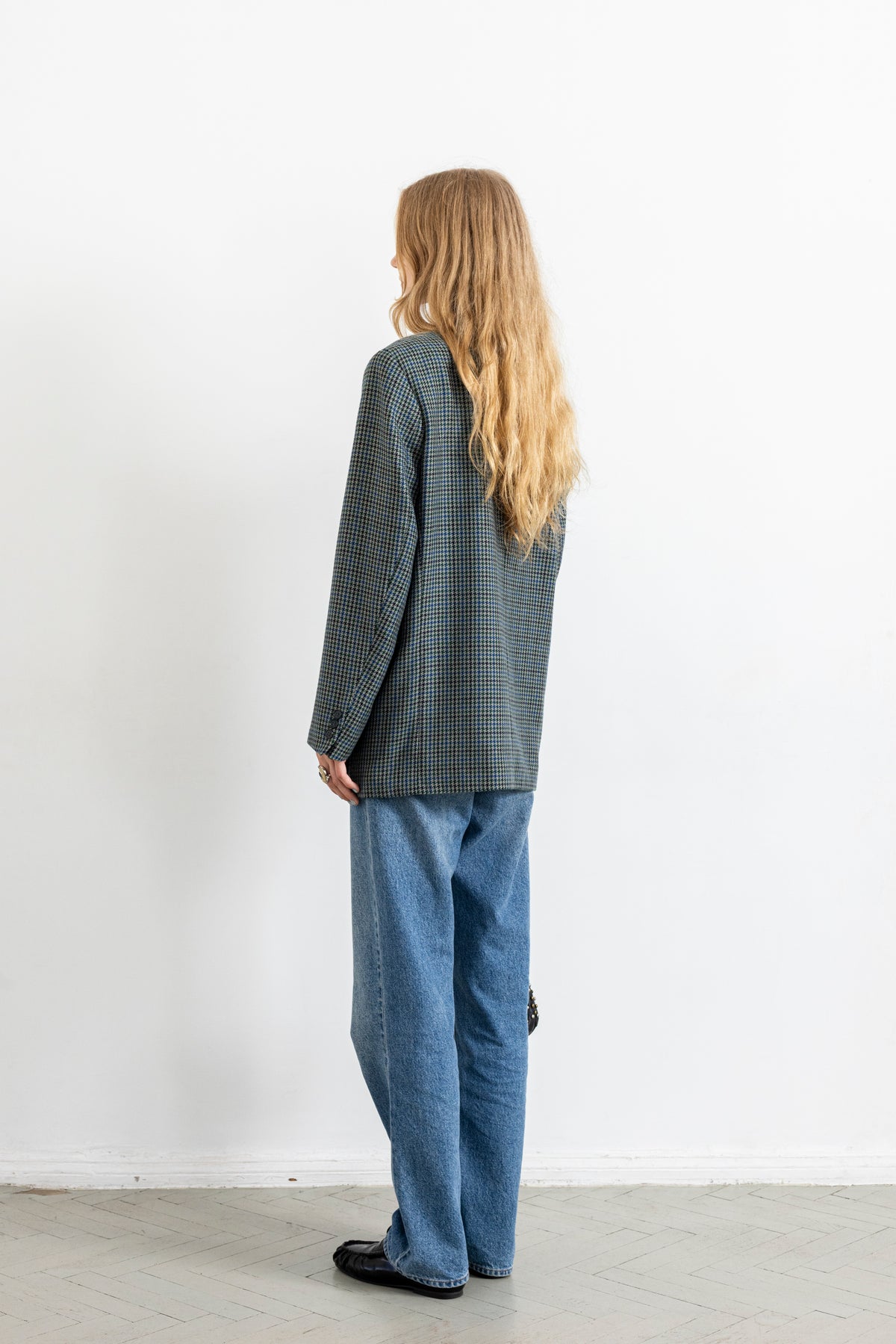 Vintage Blue Green Houndstooth 100% Wool Blazer