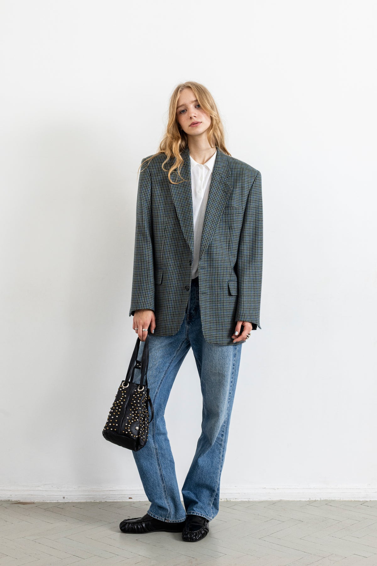Vintage Blue Green Houndstooth 100% Wool Blazer