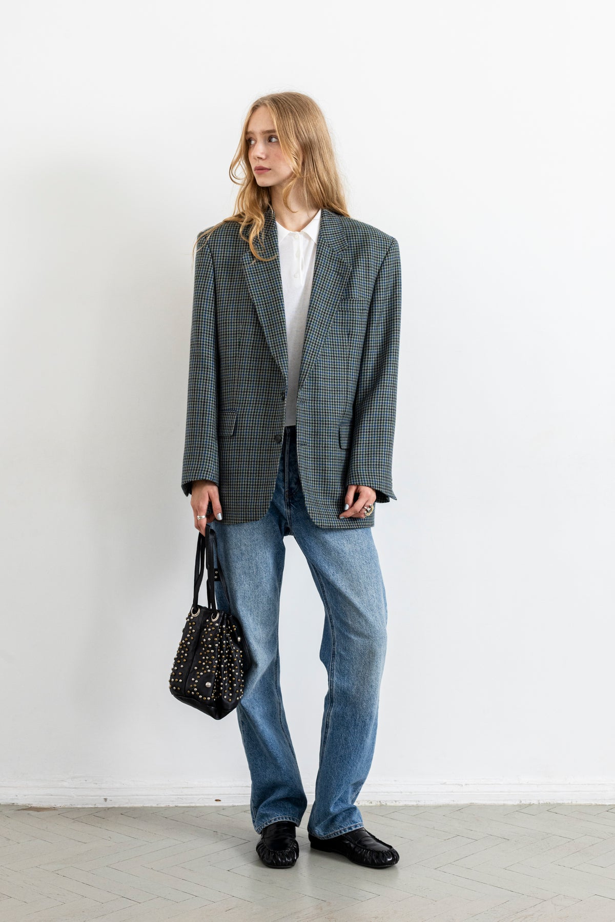 Vintage Blue Green Houndstooth 100% Wool Blazer
