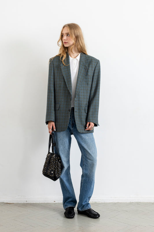 Vintage Blue Green Houndstooth 100% Wool Blazer