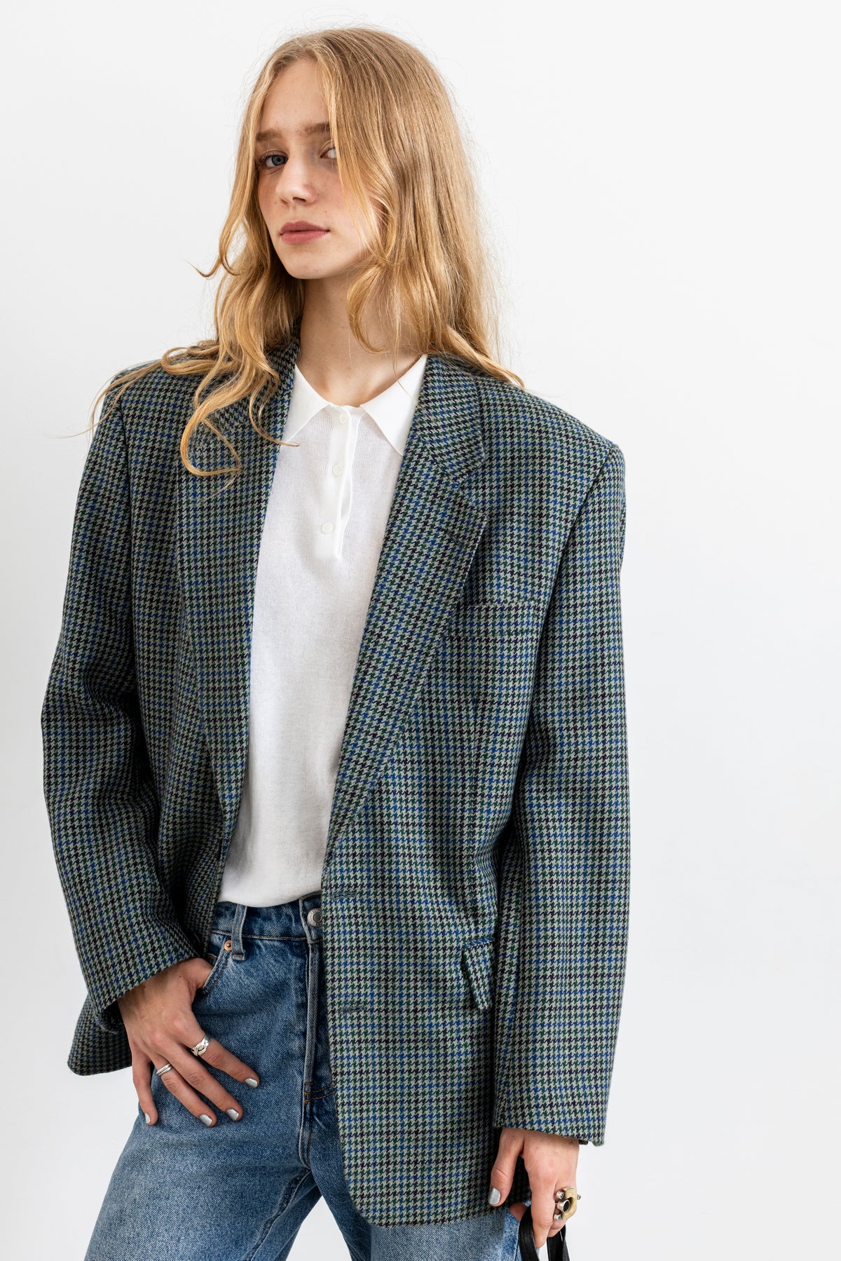 Vintage Blue Green Houndstooth 100% Wool Blazer