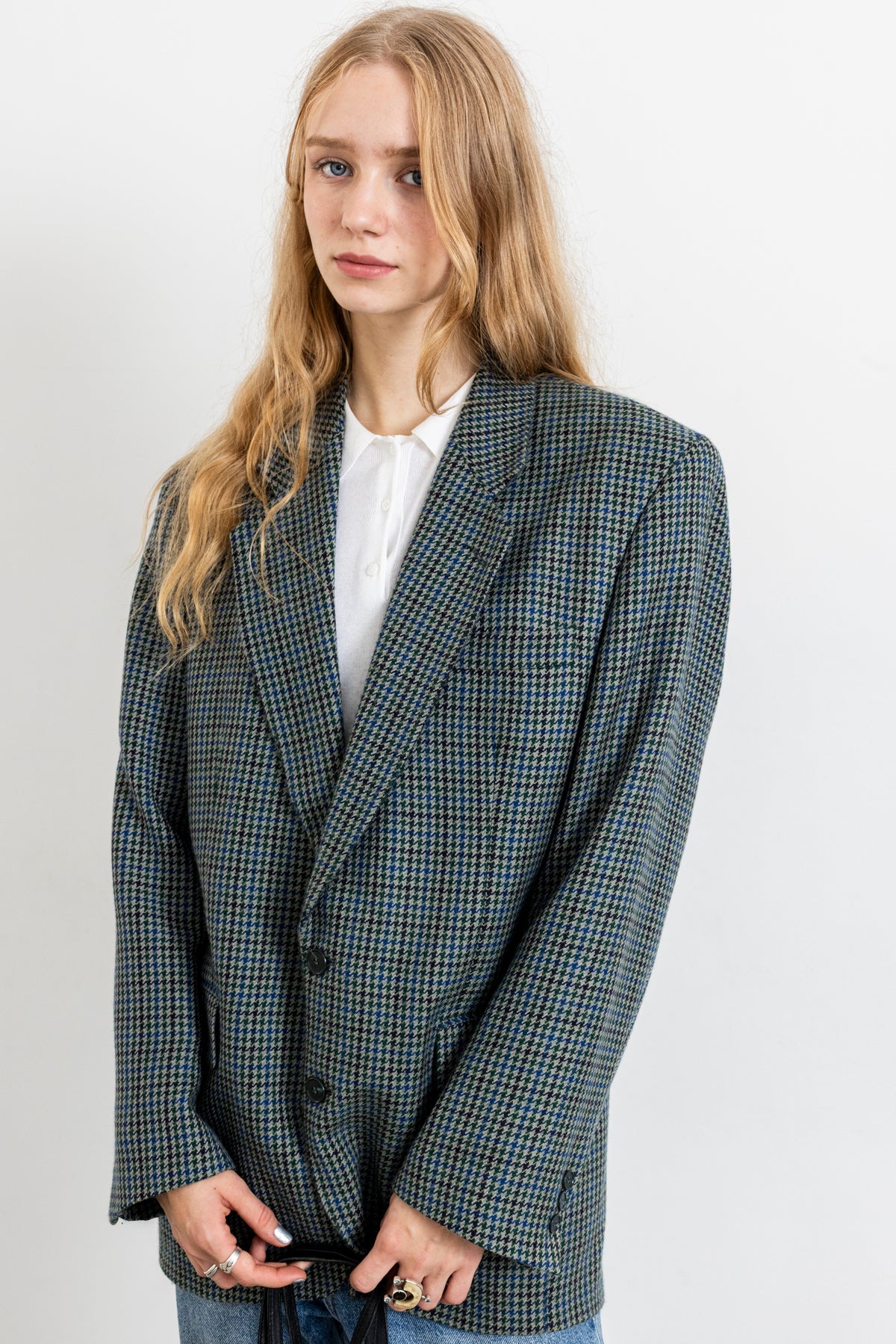 Vintage Blue Green Houndstooth 100% Wool Blazer