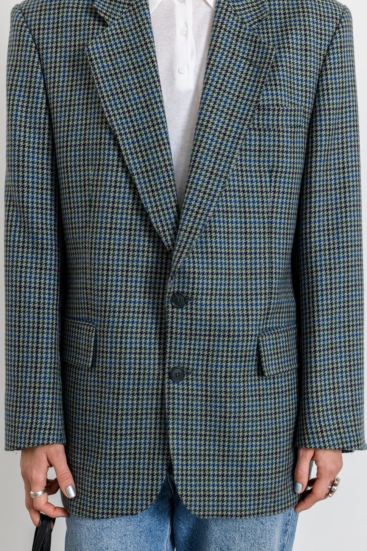 Vintage Blue Green Houndstooth 100% Wool Blazer