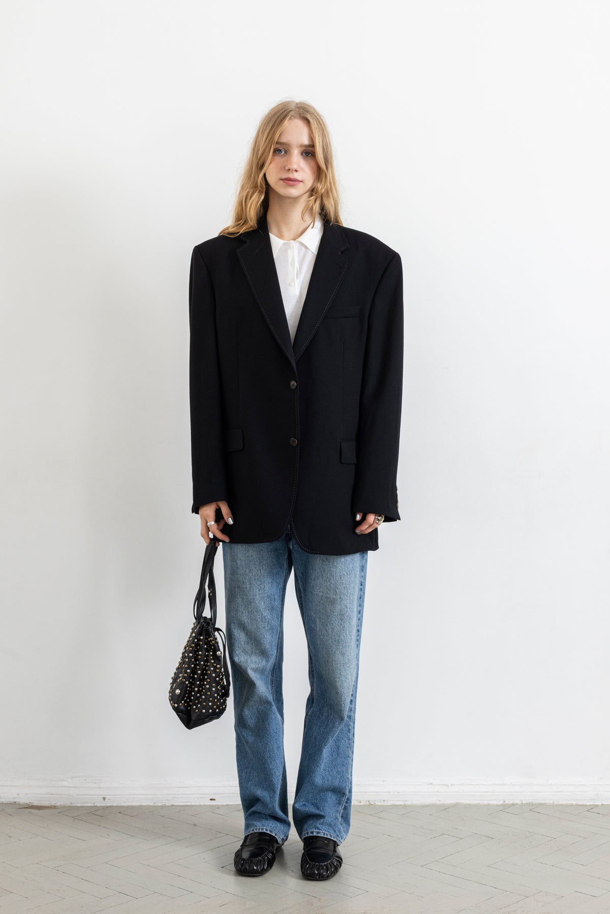 Vintage Black Contrasting Stitching 100% Wool Blazer