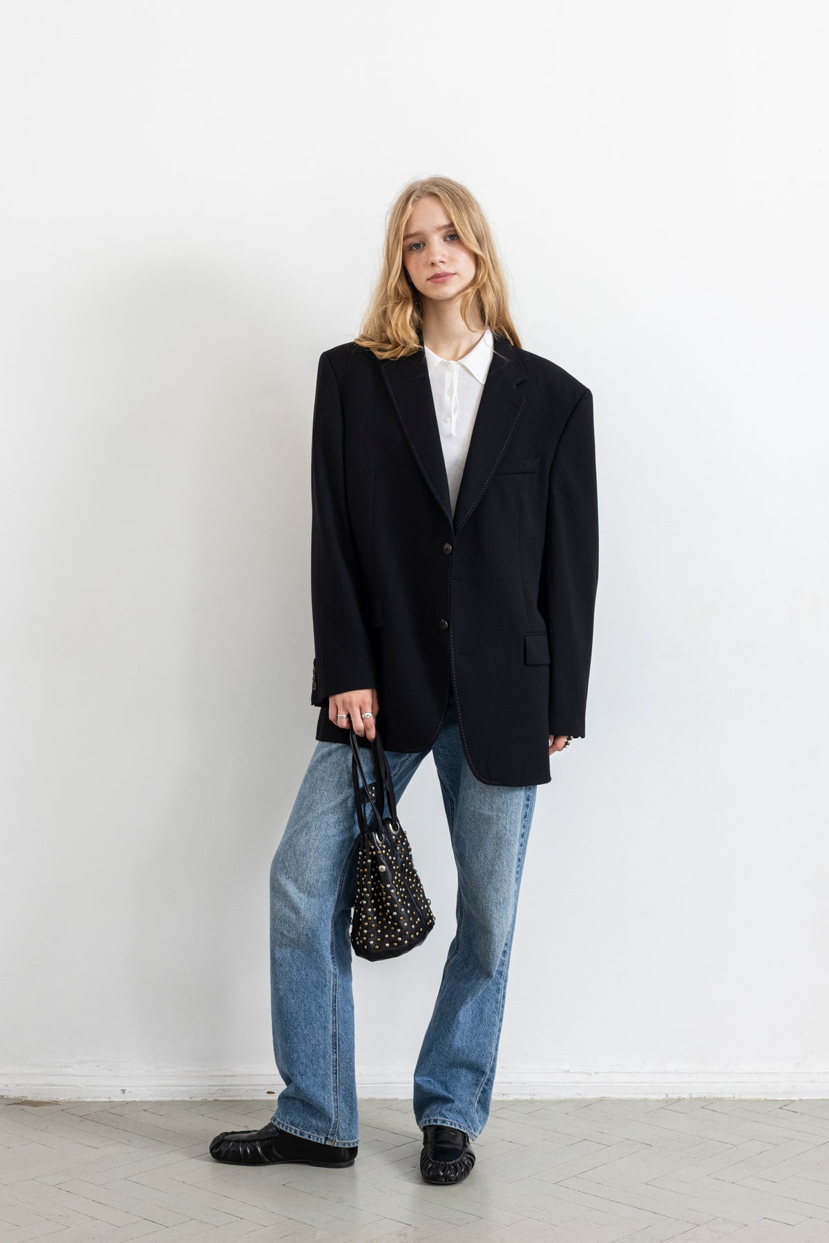 Vintage Black Contrasting Stitching 100% Wool Blazer