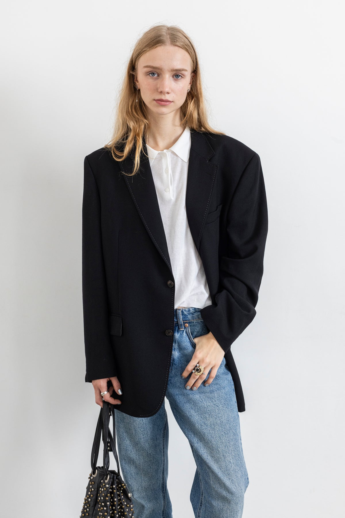 Vintage Black Contrasting Stitching 100% Wool Blazer
