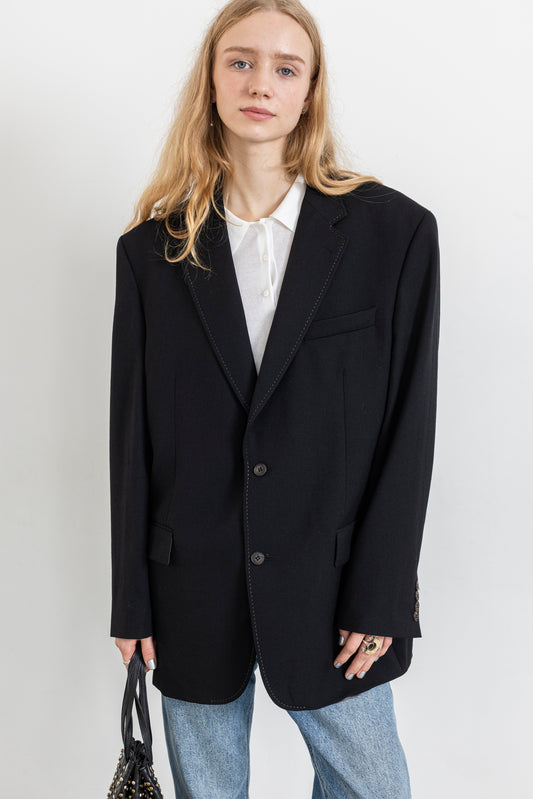 Vintage Black Contrasting Stitching 100% Wool Blazer