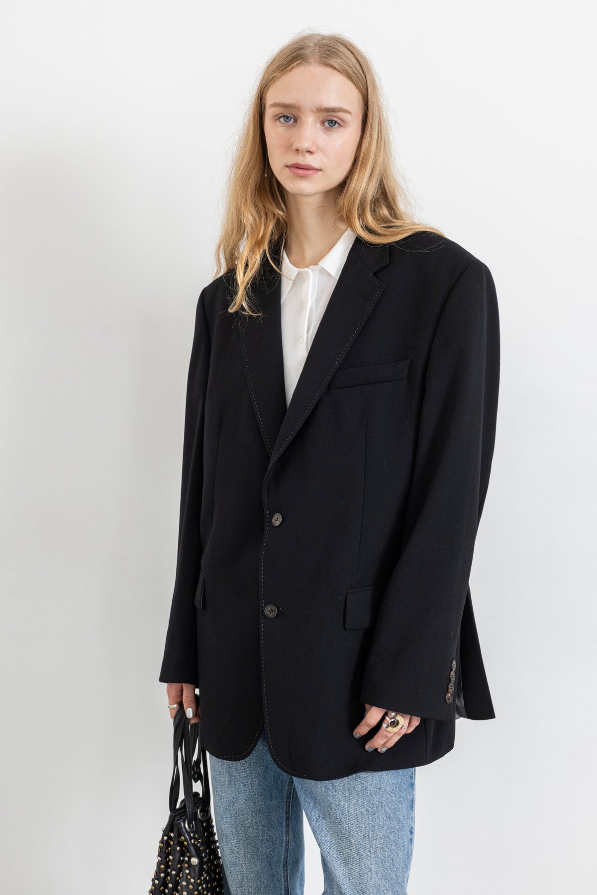 Vintage Black Contrasting Stitching 100% Wool Blazer