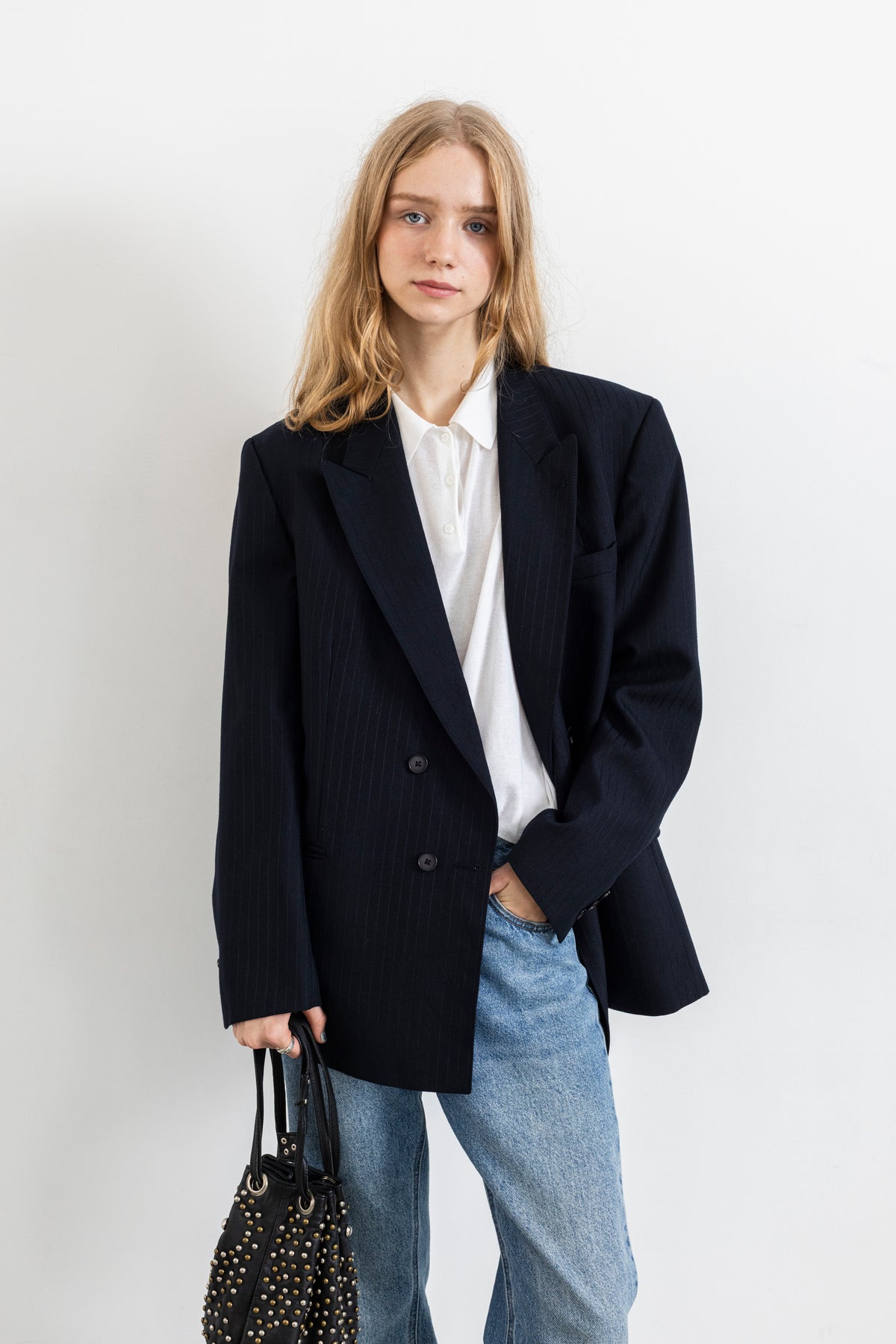 Vintage Navy Striped Wool Blazer