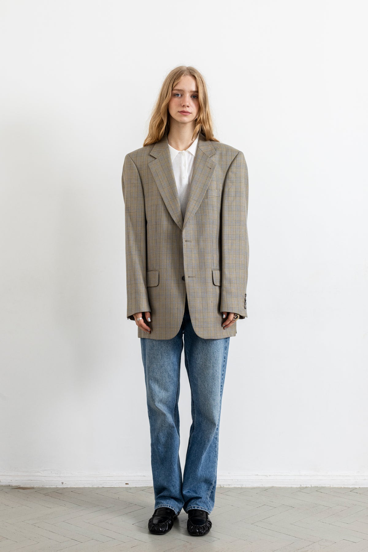 Vintage Beige Plaid Silk Wool Blazer