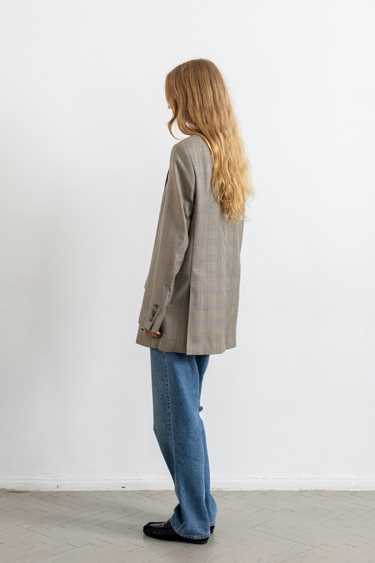Vintage Beige Plaid Silk Wool Blazer