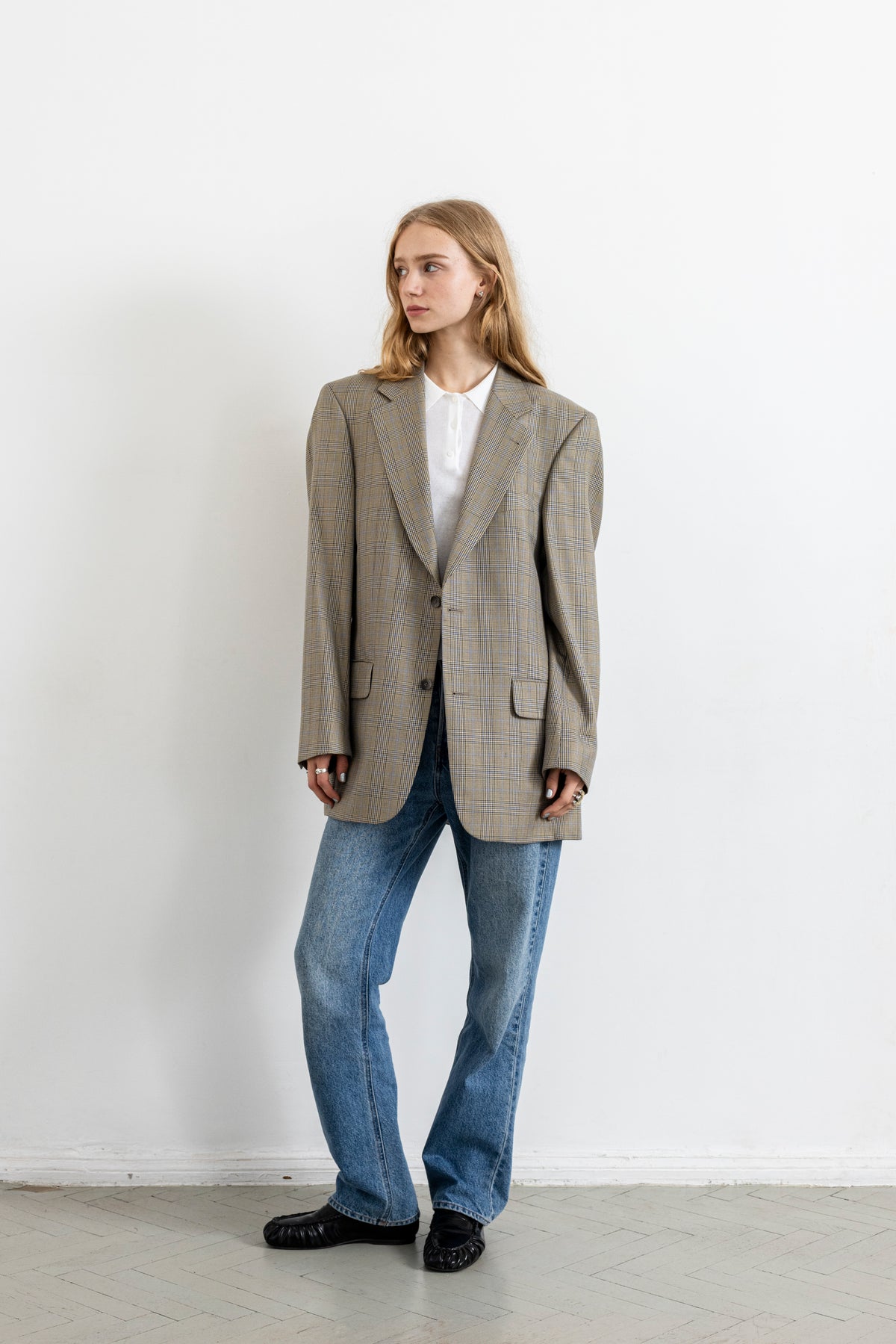 Vintage Beige Plaid Silk Wool Blazer