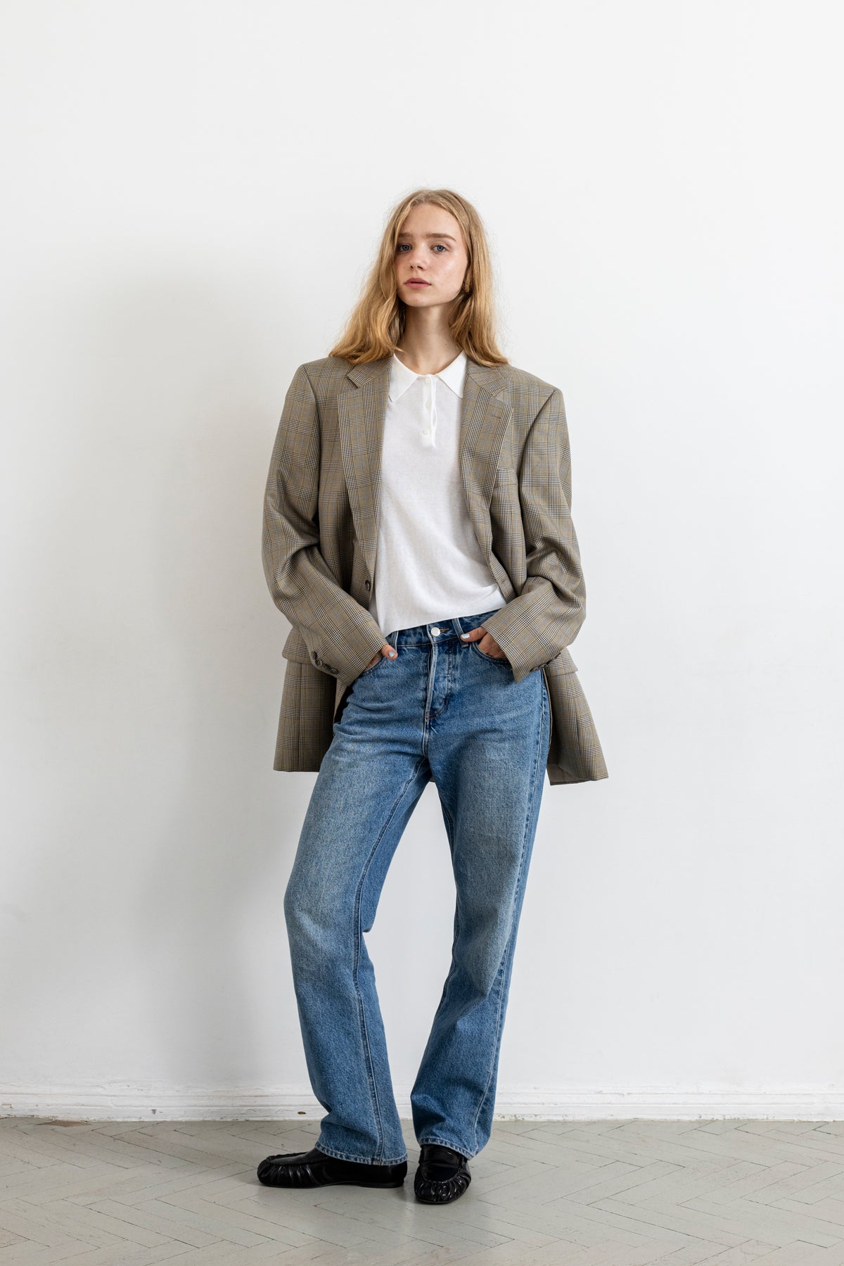 Vintage Beige Plaid Silk Wool Blazer
