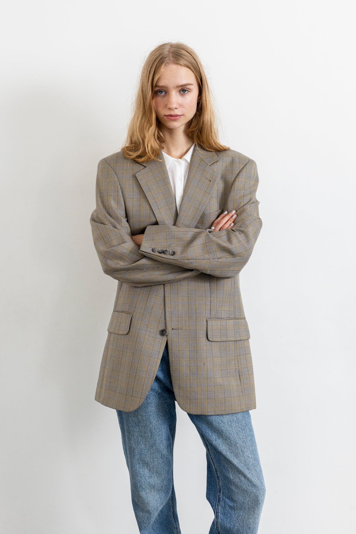 Vintage Beige Plaid Silk Wool Blazer