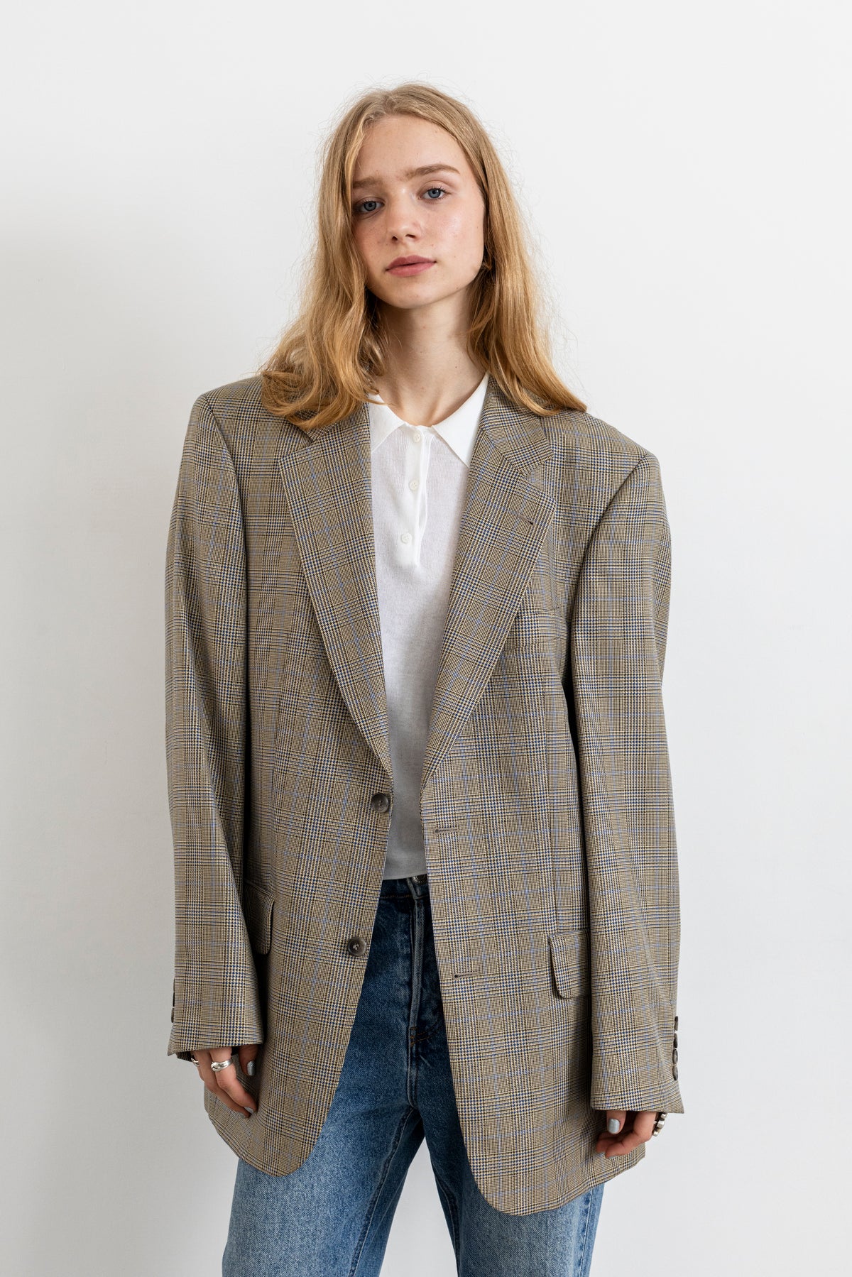 Vintage Beige Plaid Silk Wool Blazer