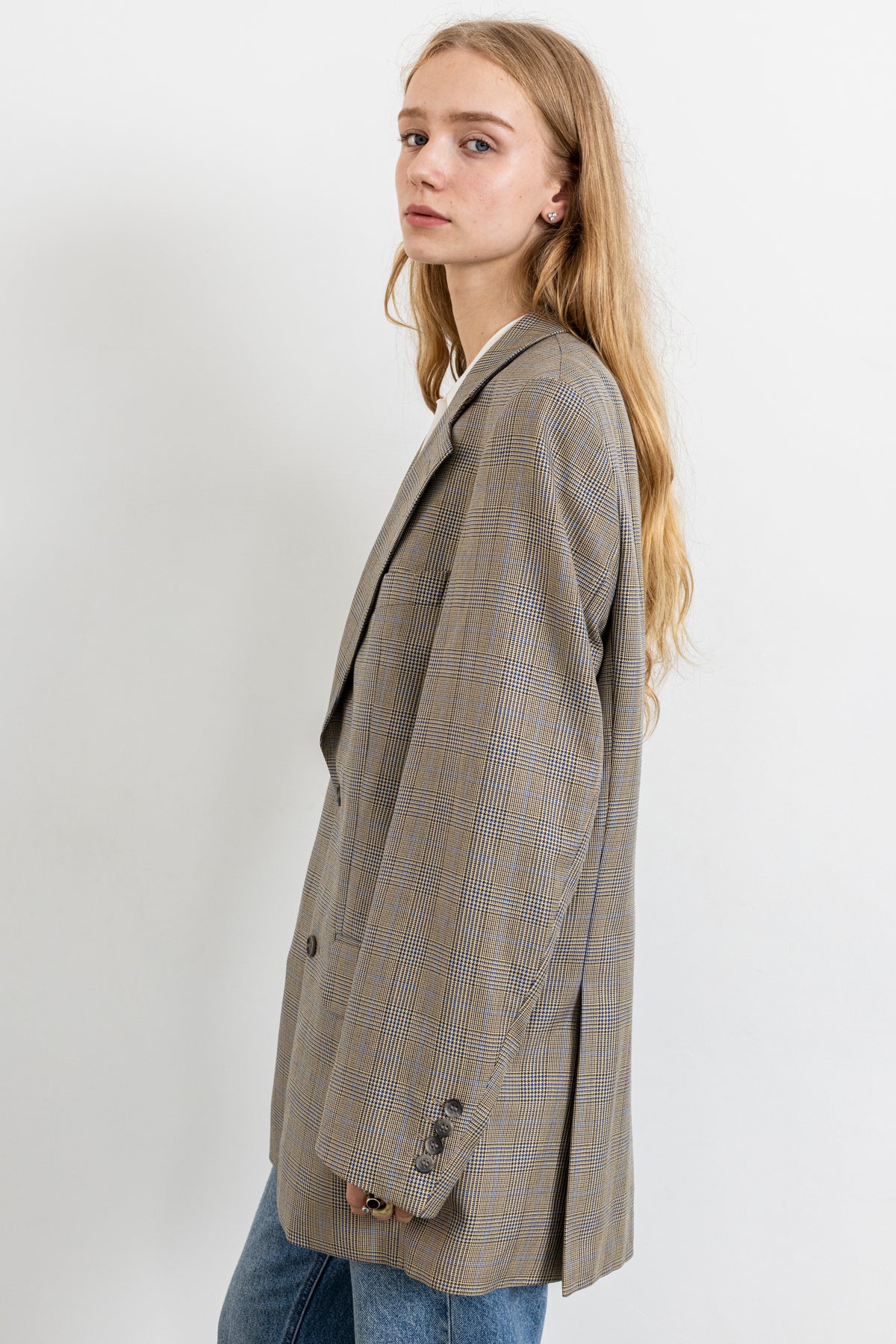 Vintage Beige Plaid Silk Wool Blazer