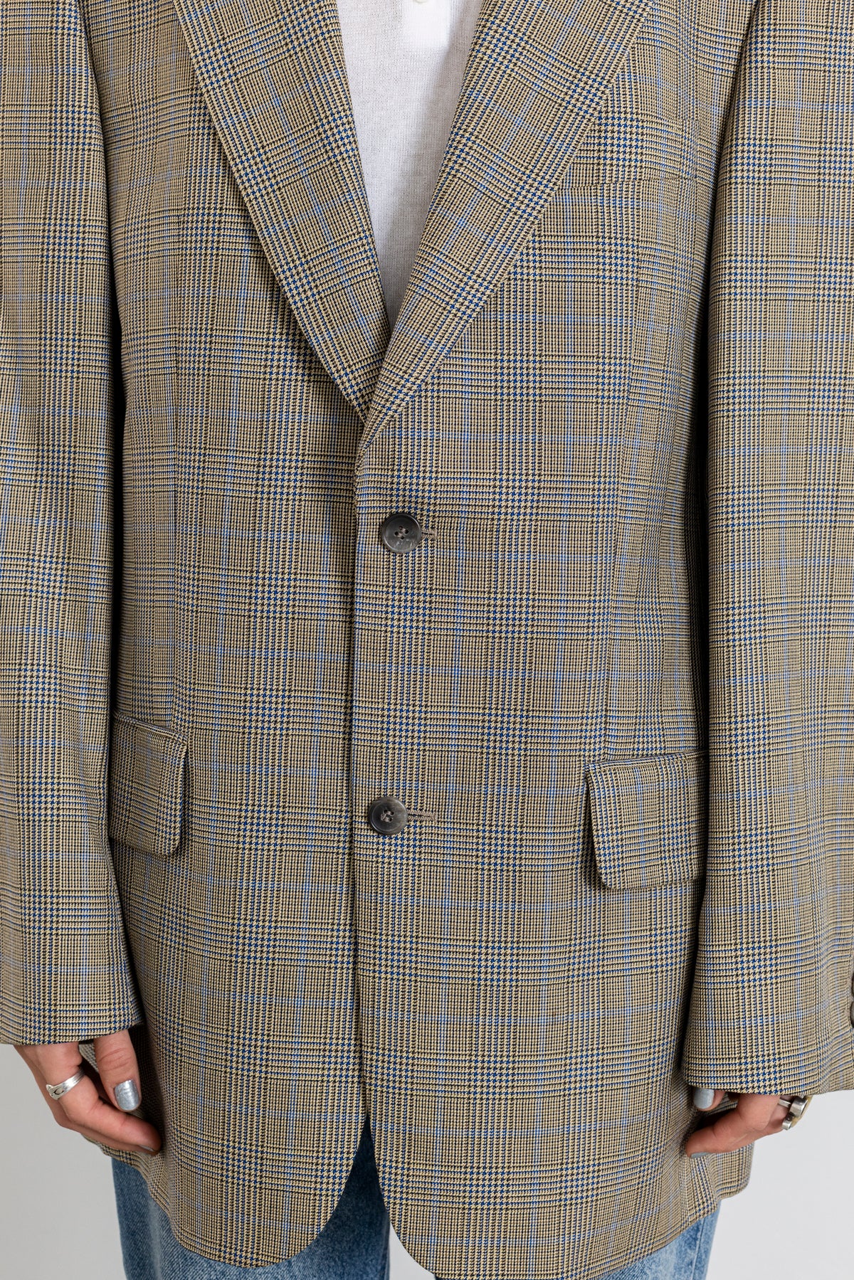 Vintage Beige Plaid Silk Wool Blazer
