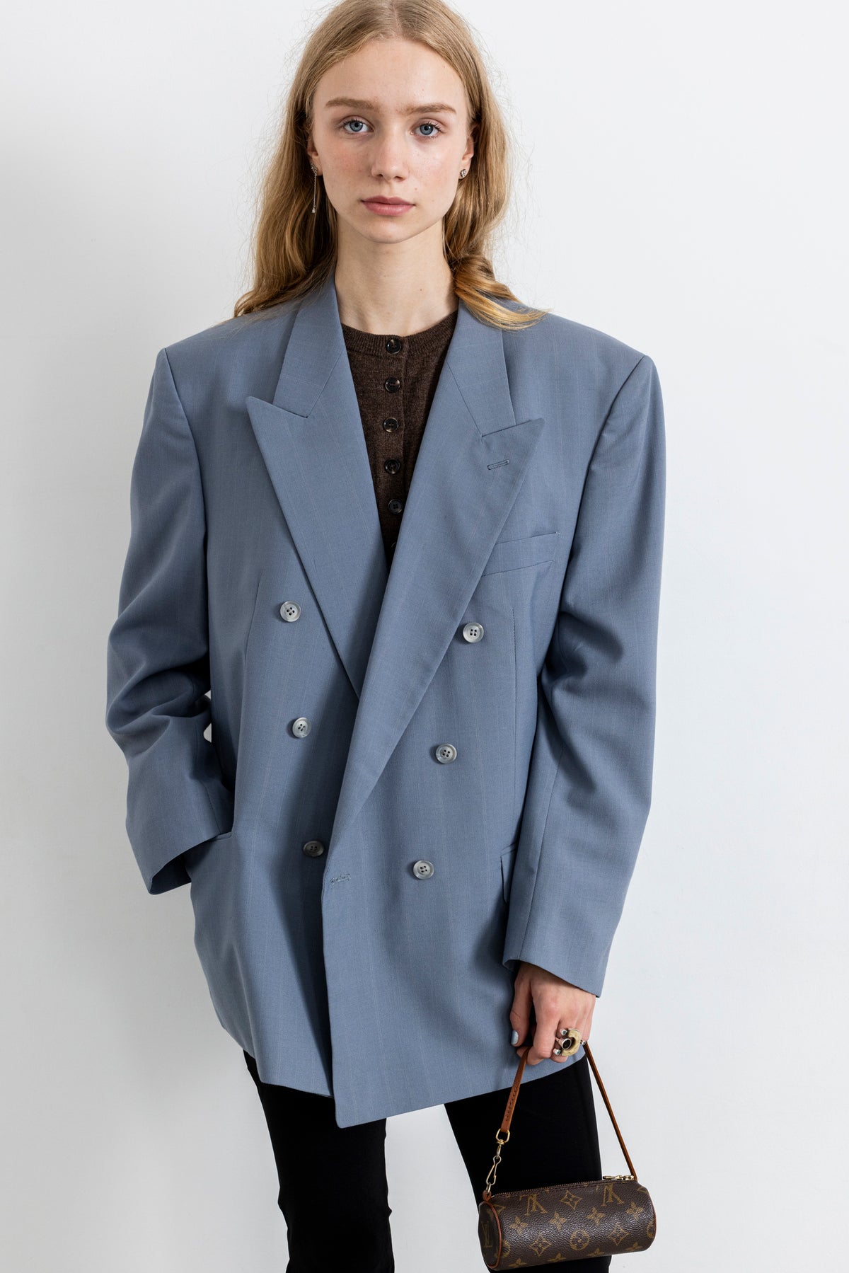 Vintage Light Blue Striped Wool Blazer
