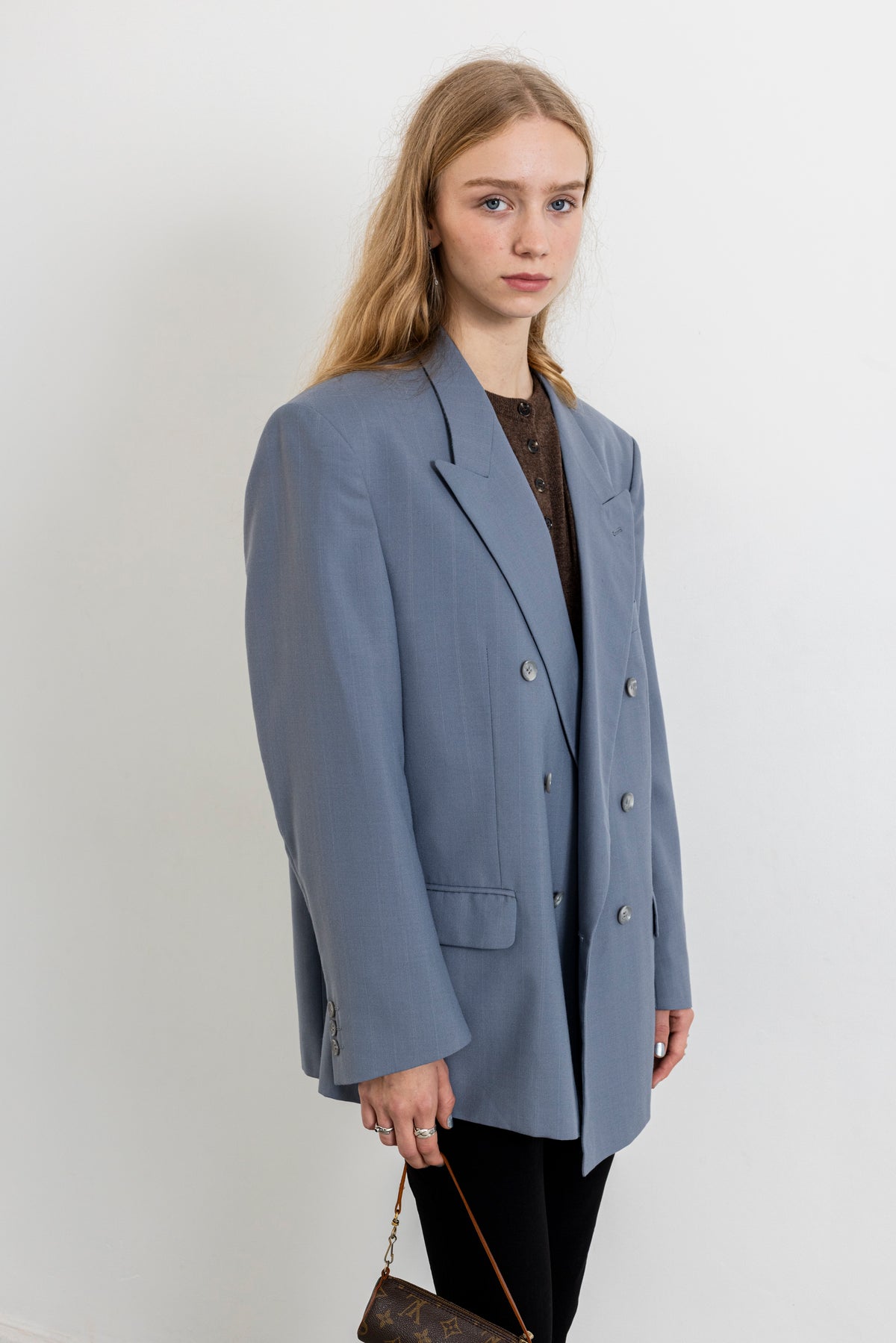 Vintage Light Blue Striped Wool Blazer
