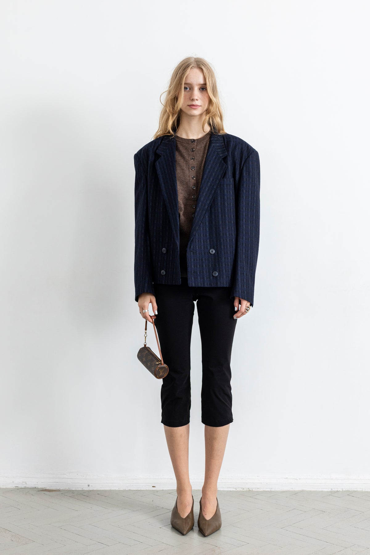Vintage Cropped Blue Striped Wool Blazer