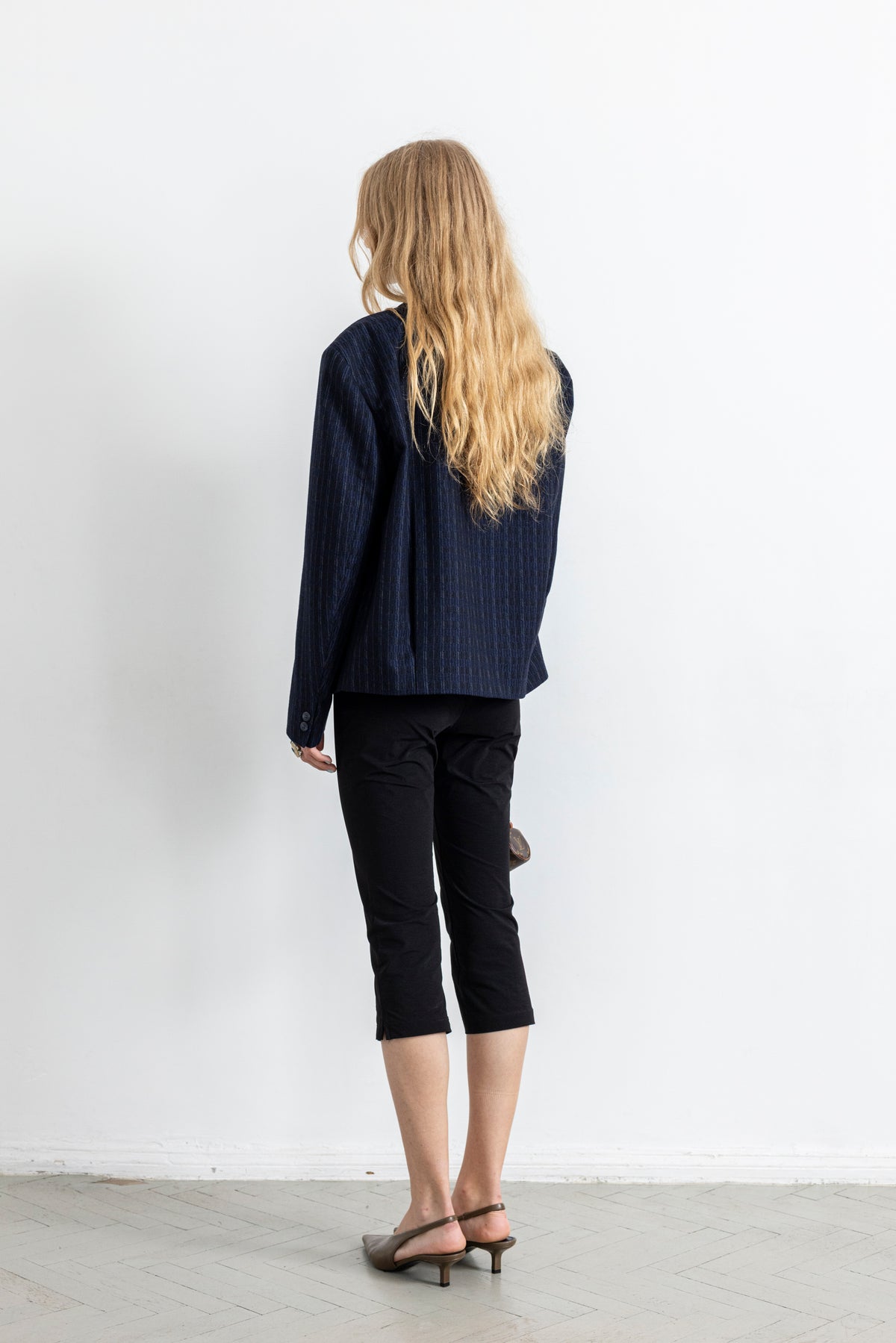 Vintage Cropped Blue Striped Wool Blazer